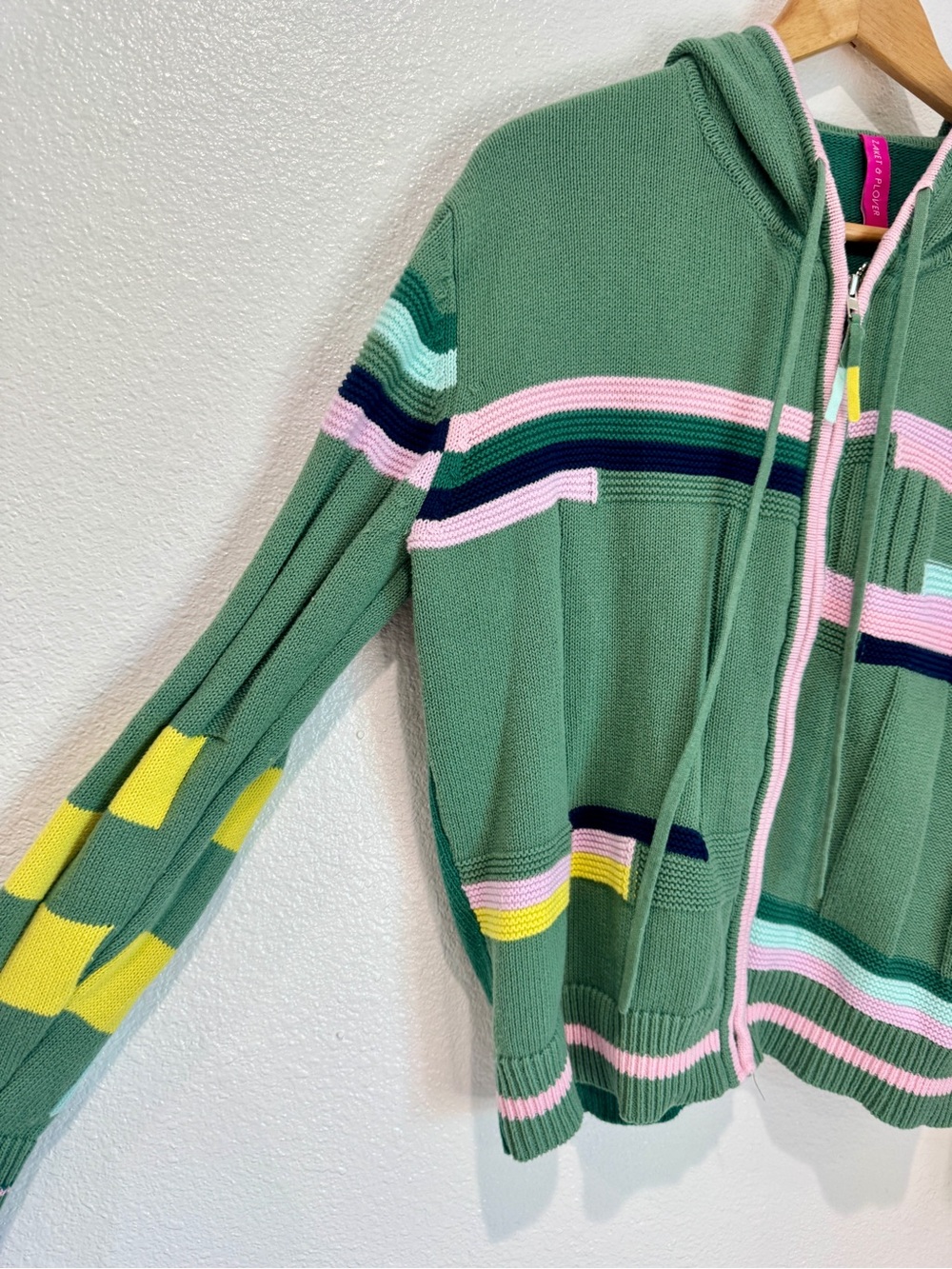 Zaket Plover Cotton Colorblock Stripe Checkered Knit Zip Up Hoodie Sweater M - Picture 2 of 5